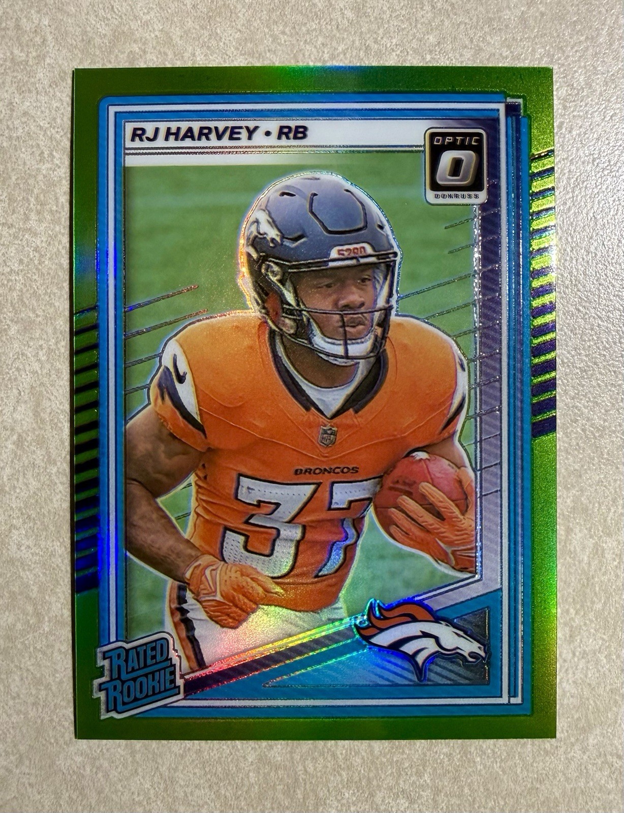 2025 Panini Optic RJ Harvey Rated Rookie #208 Lime Green /50 BRONCOS