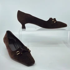 Stuart Weitzman Size 9.5 Cola Brown Perferated Suede Gold Trim Pumps