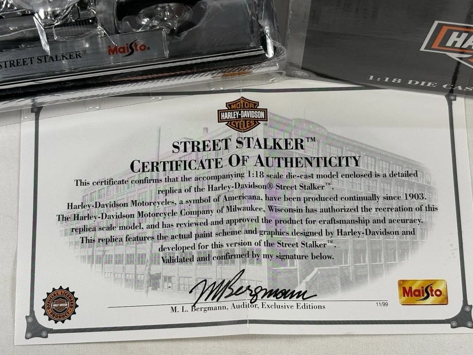 Maisto 1/18 Harley Davidson Street Stalker Diecast Nuevo en caja Caja Certificado de Autenticidad De Colección Plateado EE. UU. Foto 4 de 4