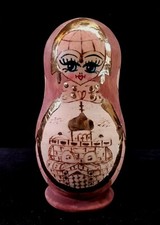 Natural Woodburned  Painted Matryoshka 5 Nesting Doll Set 1990s Floral Back 6.5