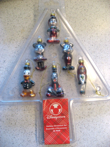 New Disney Store Package of 6 Holiday Glass Ornament Set - Mickey, Minnie, Goofy