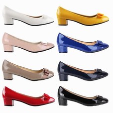 Womens Patent Ballerina Bow Flats Low Block Heel Court Shoes Party Casual Pumps
