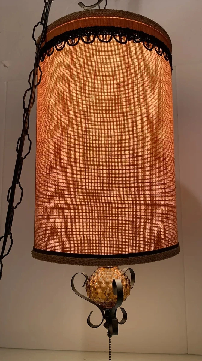 Vtg Spanish GOTHIC IRON Amber Glass Drum Shade Hanging Swag Lamp Light