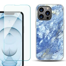 For iPhone 13 Pro Max Slim TPU Case , w/ Tempered Glass - Marble / Gem Blue