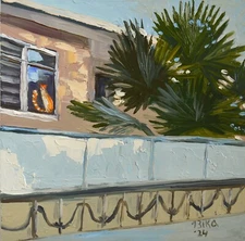 Cottage Oil Painting Original Home Palm Tree Cat Impressionist Art Landscape