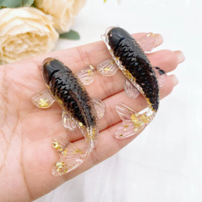 Natural Black Obsidian Koi Quartz Crystal Fish Carved Drop Glue Fancy Carp Decor