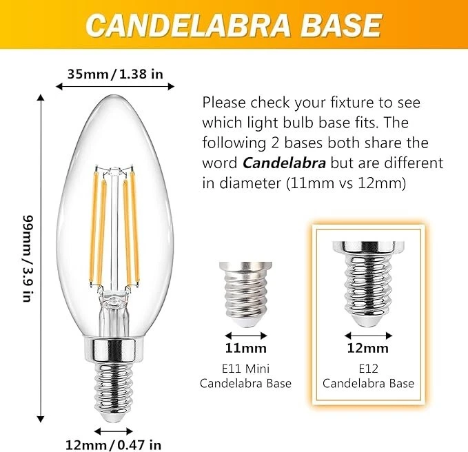 E12 Candelabra LED Light Bulbs 60 Watt Equivalent 550 Lumen Warm White 2700K ... - Image 3 of 4