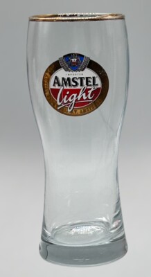 Amstel Light Pint Beer Glass With Gold Band Rim Thicker Bottom 7.25  Tall 16 Oz