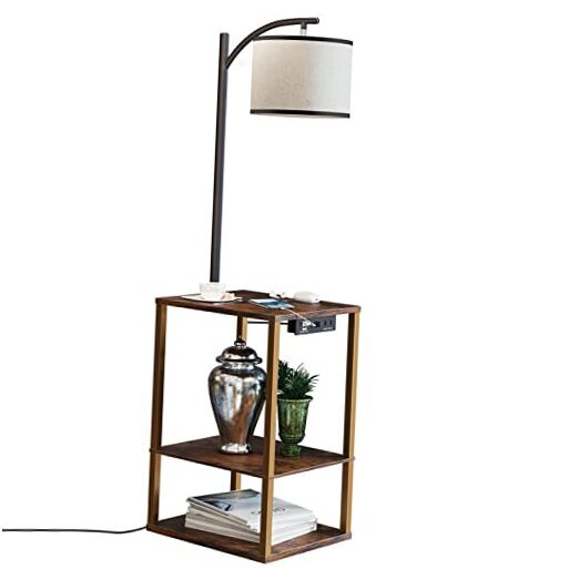 Rustic Brown Floor Lamp with Side Table, Shelves, and USB Charging Station  -image