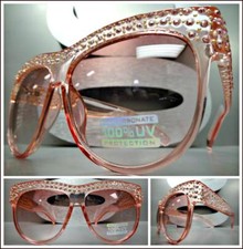OVERSIZED VINTAGE RETRO Style SUN GLASSES Pink Frame Bling Crystals Gold Studs