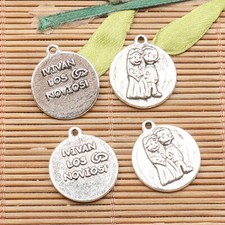 10 dijes de novia y novio color plata tibetano forma redonda H3781