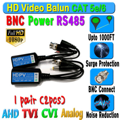 1 pair HD Balun CCTV BNC Video Data mic RS485 Power CAT5e/6 Protect 1080P 720P