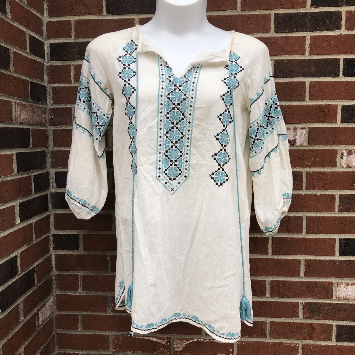 Star Mela Embroidered Mini Dress Womens Small Cream Blue Tassel Long Sleeve  Boho