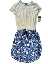 Lauren Ralph Lauren White & Blue Paisley Print Short Sleeve Dress Medium Preppie