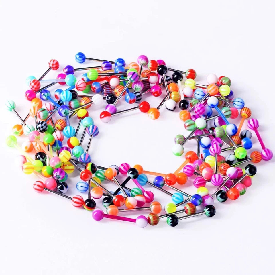 100PCS Assorted Colors Tongue Rings Nipple Ring 14G Stainless Steel Bar Barbells - Image 2 of 4