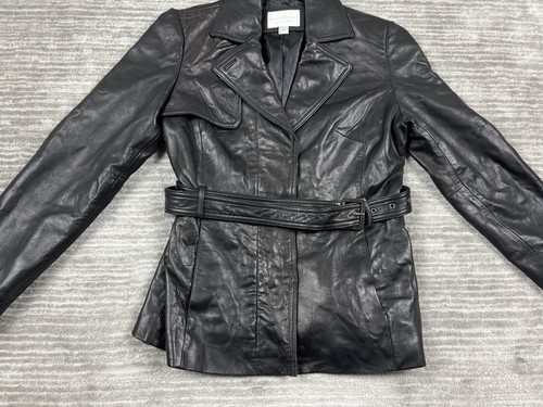 Chaqueta Worthington para mujer pequeña negra de cuero genuino con cinturón a presión - Imagen 3 de 13