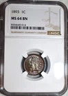 NGC MS-64 BN 1893 Indian Head Cent, Attractively Toned specimen.