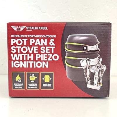 Portable Camping Cookware Pot, Pan, and Stove Set w/ Piezo Ignition - New in Box