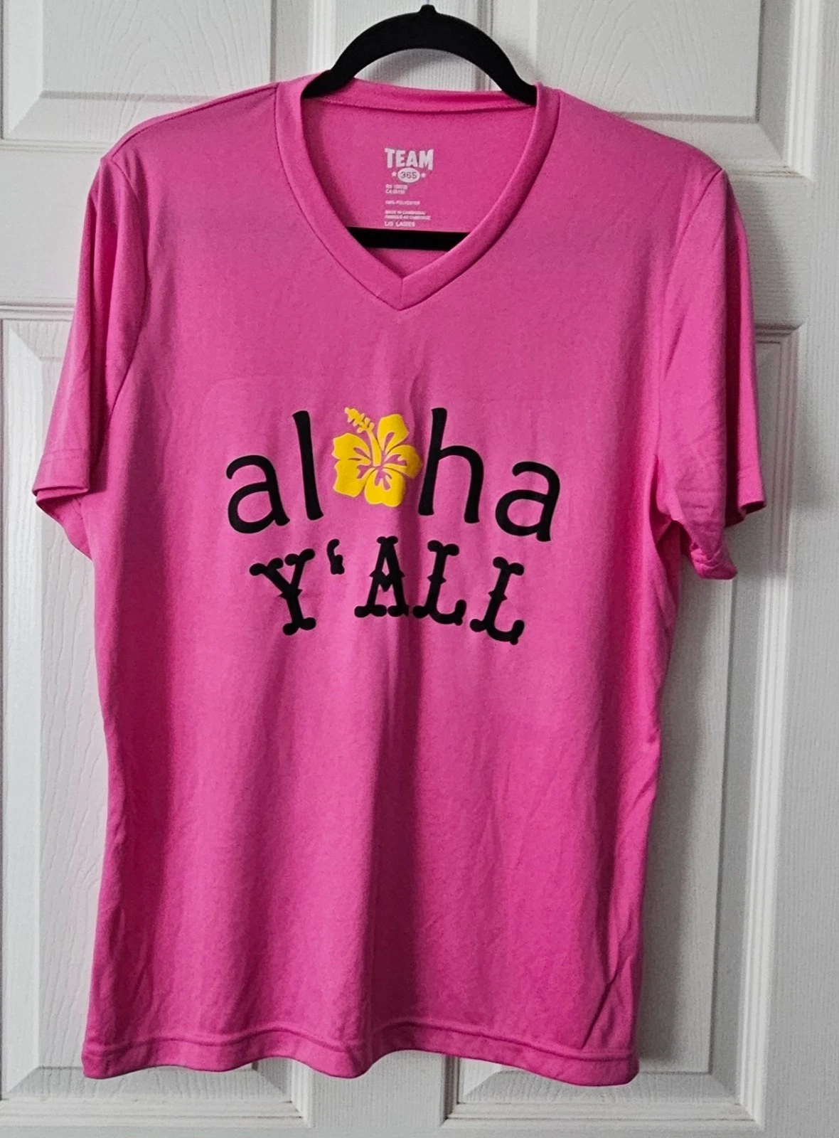 Pink "Aloha Y'All" shirt with a fun Southern Hawaiian twist L #1029