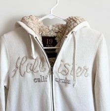 Y2K Hollister Spell Out Faux Fur Sherpa Hood Lined Jacket White Sweatshirt Large