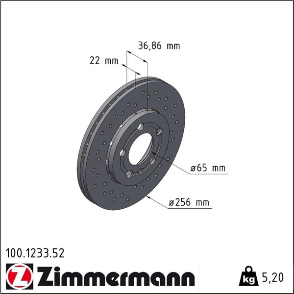 2X Zimmermann 100.1233.52 Bremsscheibe FüR Seat Skoda VW Audi Ibiza Toledo Leon-image