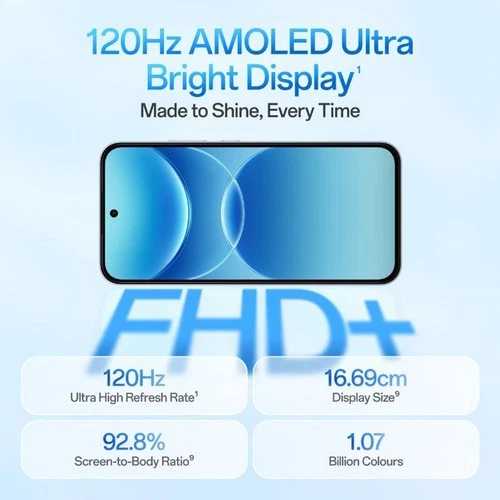 OPPO F35 5G in blue with 120Hz AMOLED Ultra display, 8GB RAM, 128GB storage, 27.16cm screen size.
