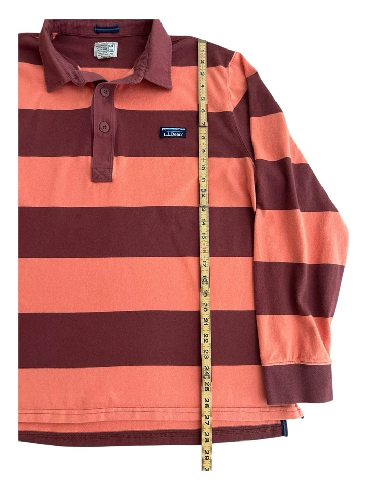 LL Bean XL Long Sleeve Rugby Shirt Brown/Orange Striped Mens Cotton - Image 3 of 4