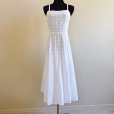 GAP Smocked Square Neck Midi Dress, White, Sz 2 Tall, subtle plaid texture