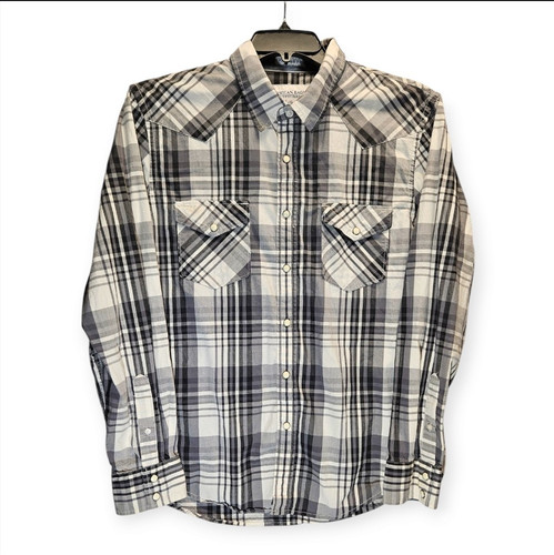 American Eagle Shirt Mens Large White Black Gray Pearl Snap Plaid Western Cowboy