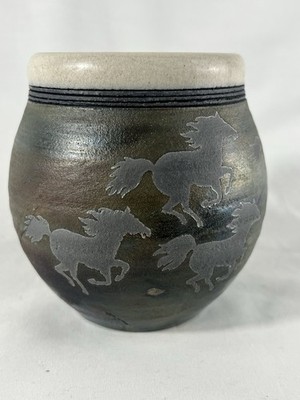 Ben Diller Raku Pottery Vase 2003 Signed Running Horses Southwest Art Pottery