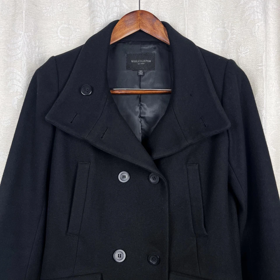 Uniqlo Wool Collection Abrigo Negro Doble Botonadura Cuello Soporte Largo Medio Chaquetón Foto 3 de 4