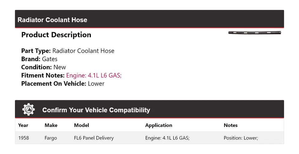 Para 1958 Fargo FL6 Panel Entrega 4.1L L6 Gas Radiador Refrigerante Manguera Puertas Inferiores Foto 2 de 4