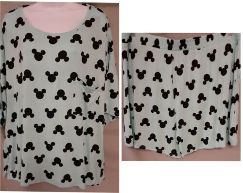 Disney Green Black Pajama Set Short Sleeve Shorts Mickey Mouse 2XL 58" BUST