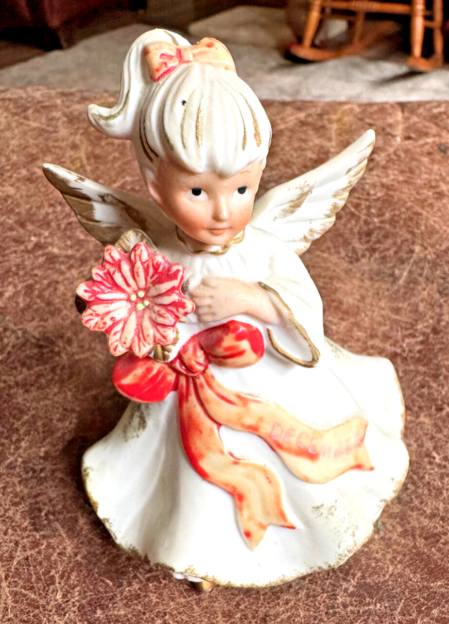 Great Vintage Lefton Bisque December Angel Figurine Taiwan 4.5