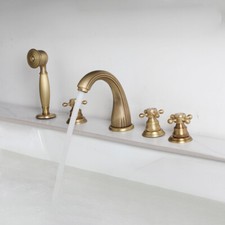 5PCS Antique Brass Bathtub Faucet Hand Held Shower 3Handles Deck Mount Mixer Tap