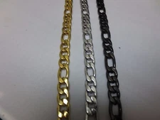 7MM STAINLESS STEEL FIGARO ROPE  IN GOLD-SILVER-BLACK-PLATED  7 "-40" CHAIN