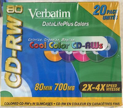Verbatim NEW 20-Pack CD-RW 700MB 2X-4X DataLifePlus Cool Colors Slim Jewel Cases