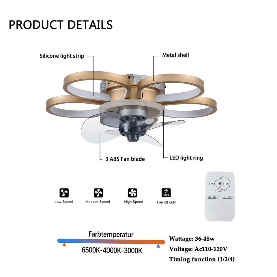Adjustable Fan 20 In 6500-4000-3000k Ceiling Fan Light W/ Remote, 3 Light Colors - Image 2 of 4