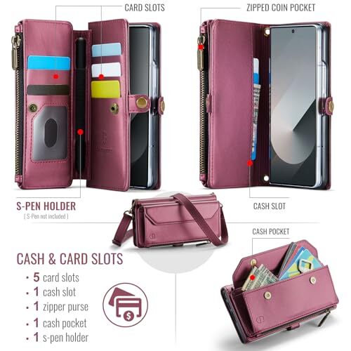 Funda Cartera Bandolera Compatible con Samsung Galaxy Z Plegable 6 Rojo Vino - Imagen 3 de 7