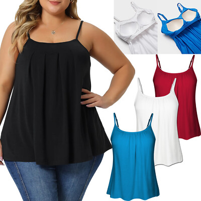 Womens Cami with Built in Bra Flowy Tank Top Adjustable Strap Loose Fit Camisole