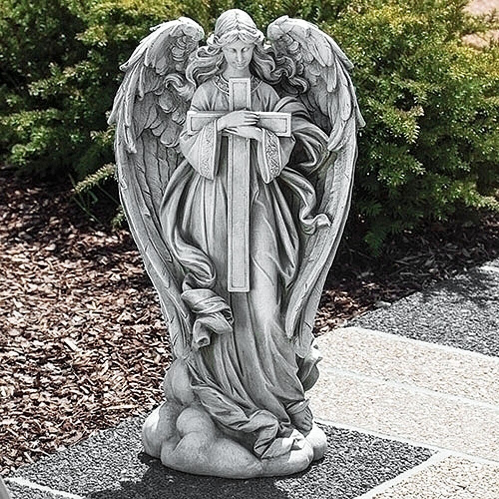 ANGEL HOLDING A CROSS GARDEN STATUE - GARDEN SCULPTURE - 25.25