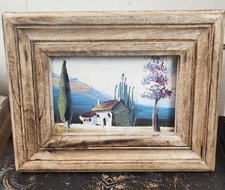 Vtg Original Oil Painting Landscape Art Small Wood Frame Artwork Cottage
