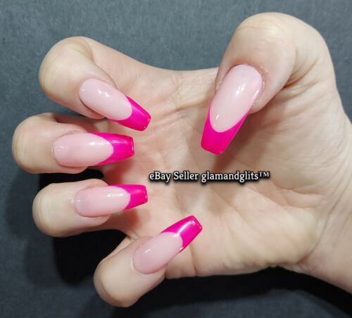 12 Extra Long Coffin French Neon Hot Pink Hand Painted Gel Press On False  Nails | eBay