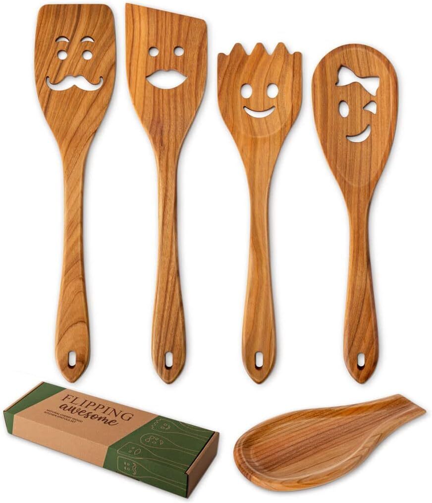 MFC 4-Piece Wooden Cooking Spoons with Spoon Rest - Kitchen 30х6,5cm, Brown