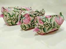 3 Pcs Unisex Makeup Cosmetic Bag Beige Floral Purse Quilted Cotton Bags Toiletry