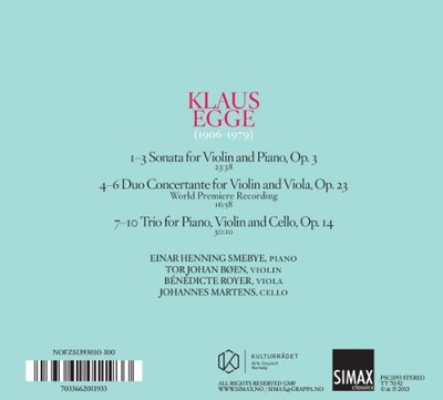 Egge: Piano Trio, Sonata for Violin and Piano, Duo Concertante by Smebye
