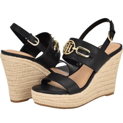 Tommy Hilfiger Khari Espadrille Wedge Sandals Black Gold Logo Size 8.5
