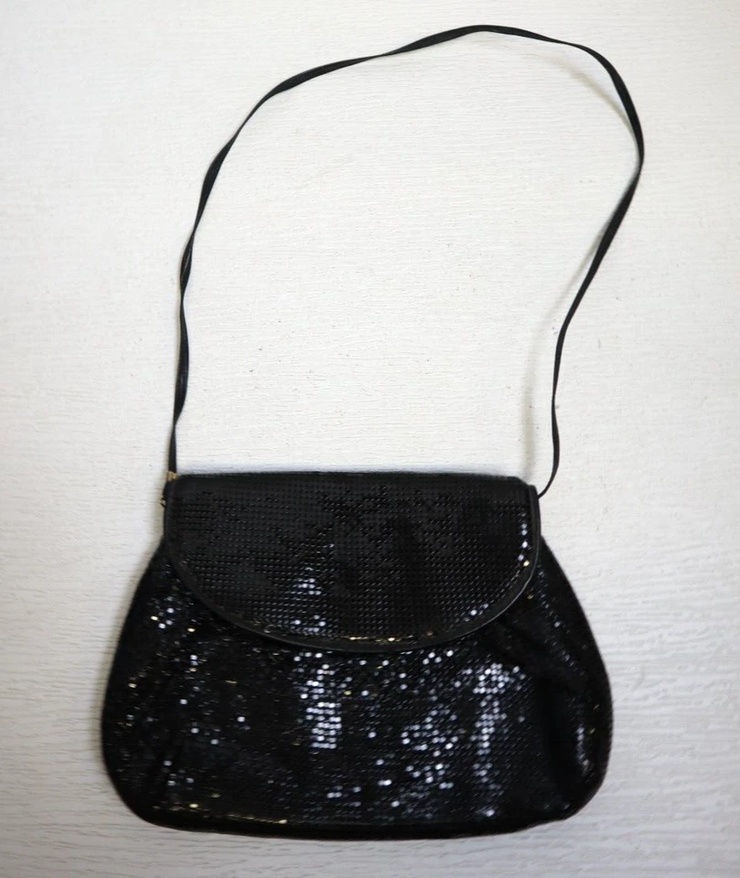 Whiting and Davis 复古网眼钱包黑色金属单肩包皮革表带 — 第 2/4 张图片