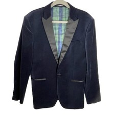 Express Slim 40L Navy Velvet Tuxedo Blazer Satin Lapel Plaid Lining