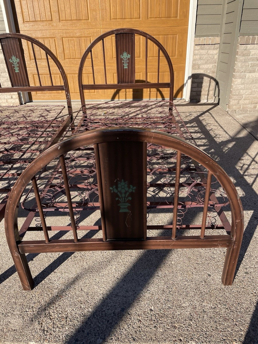 Two Simmons Company 1940's Metal Twin Bed Frame Brown Floral